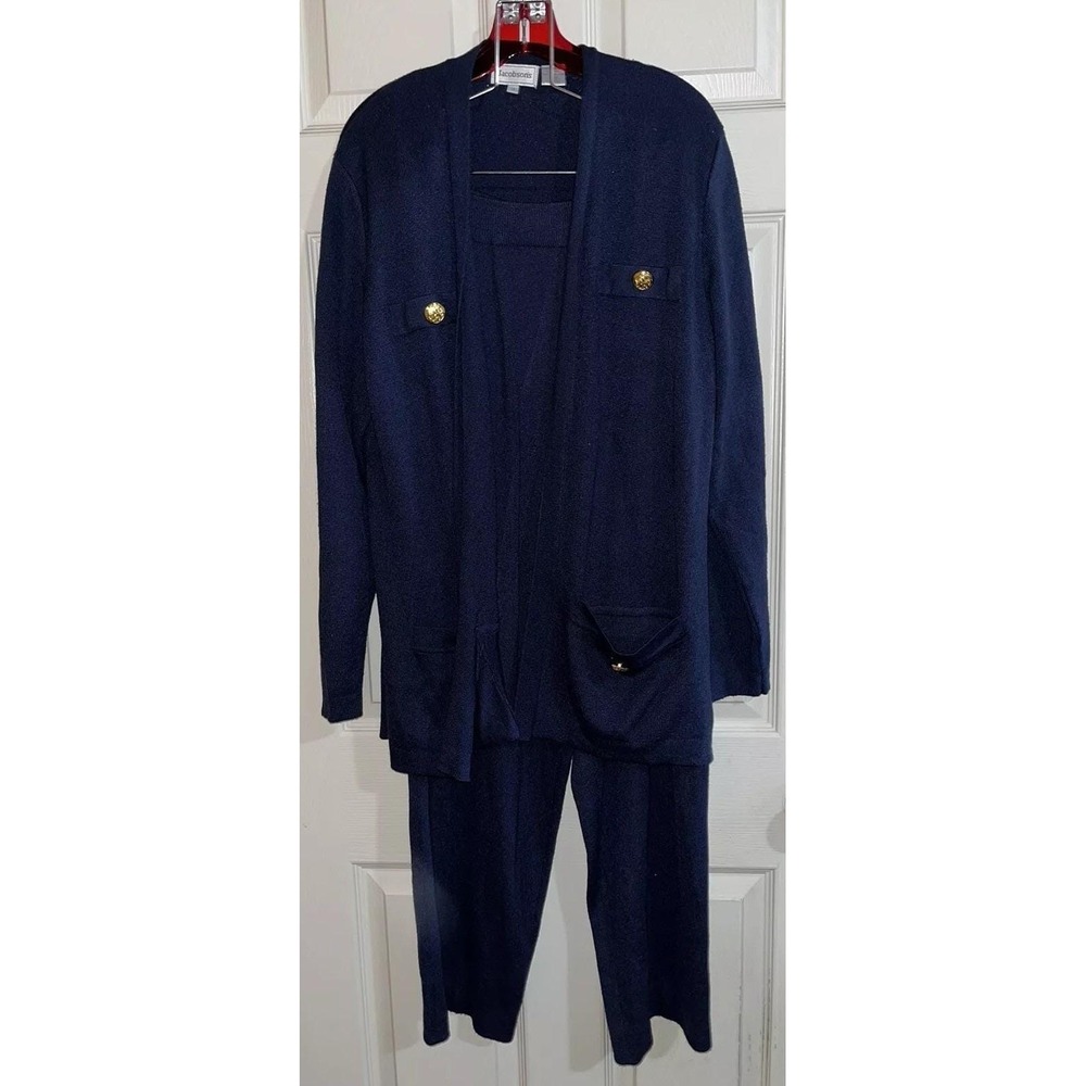 Jacobson's Navy Blue Knit 3 Piece Pant Set Cardigan Shell Gold Buttons women's M